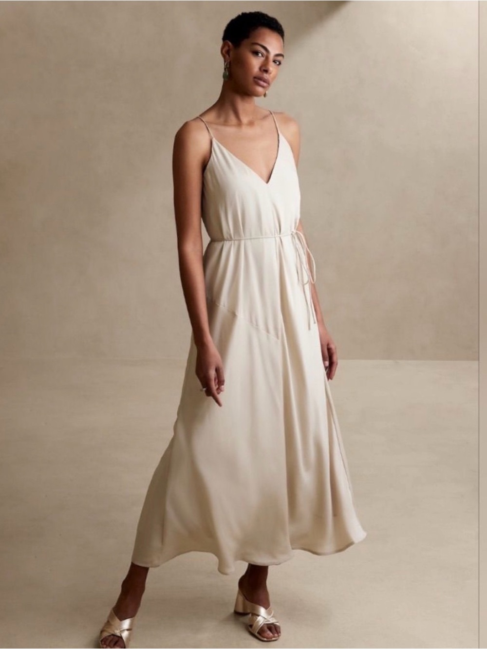 Banana Republic Cream Slip Maxi Dress with Tie Waist